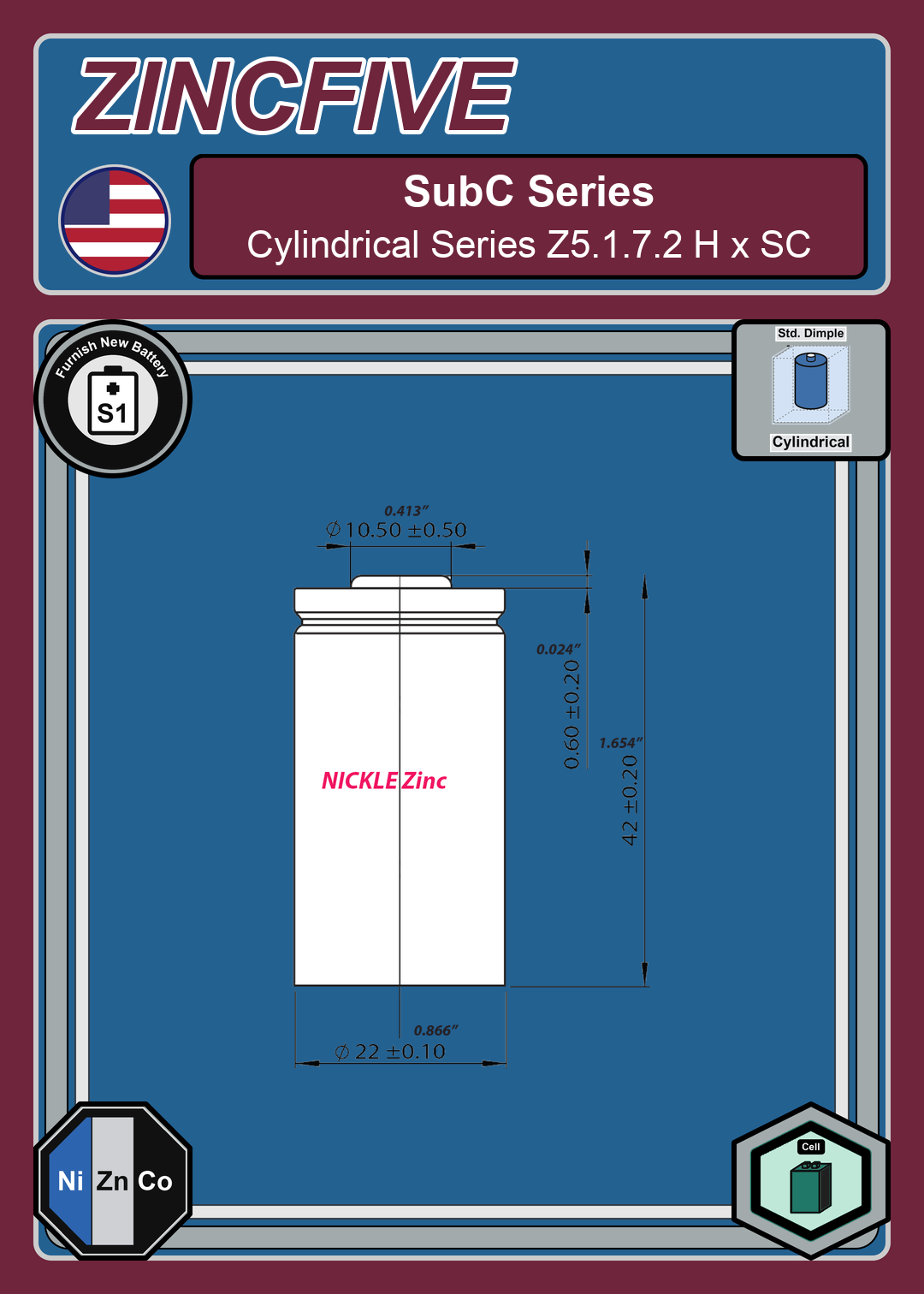 Furnish New Battery ZincFive SubC Cylindrical Series Z5 1 7 2 H x SC