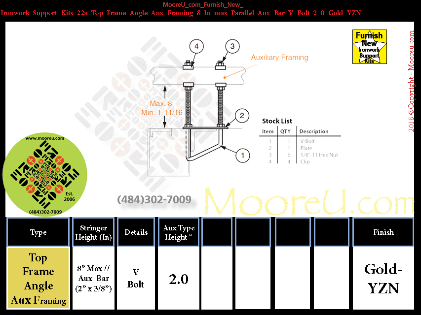 Furnish New Ironwork Support Kits 22a Top Frame Angle Aux Framing 8 In max Parallel Aux Bar V Bolt 2 0 Gold YZN