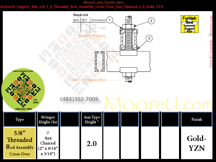 Product image for Furnish New Ironwork Support Kits 23f 5 8 Threaded Rod Assembly Cross Over Aux Channel 2 0 Gold YZN
