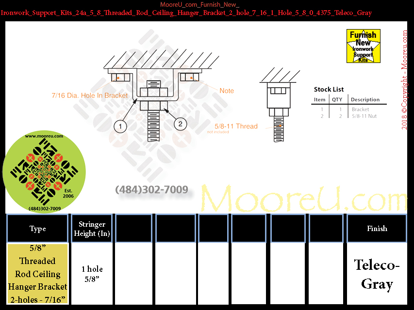 Furnish New Ironwork Support Kits 24a 5 8 Threaded Rod Ceiling Hanger Bracket 2 hole 7 16 1 Hole 5 8 0 4375 Teleco Gray