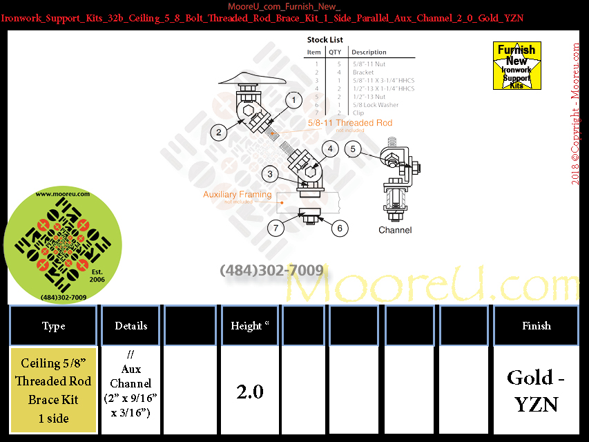 Furnish New Ironwork Support Kits 32b Ceiling 5 8 Bolt Threaded Rod Brace Kit 1 Side Parallel Aux Channel 2 0 Gold YZN