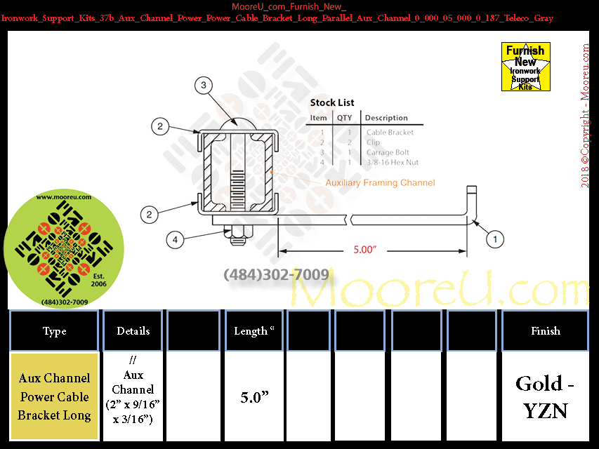 Product image for Furnish New Ironwork Support Kits 37b Aux Channel Power Power Cable Bracket Long Parallel Aux Channel 0 000 05 000 0 187 Teleco Gray