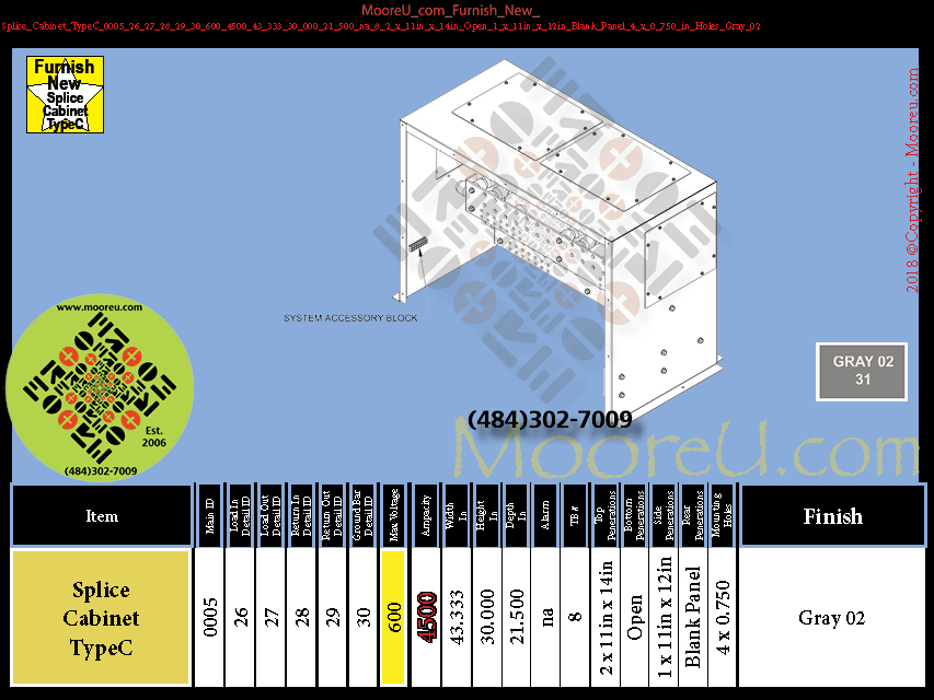 Product image for Furnish New Splice Cabinet TypeC 0005 26 27 28 29 30 600 4500 43 333 30 000 21 500 na 8 2 x 11in x 14in Open 1 x 11in x 12in Blank Panel 4 x 0 750 in Holes Gray 02