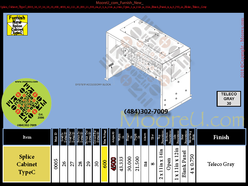 Product image for Furnish New Splice Cabinet TypeC 0005 26 27 28 29 30 600 4500 43 333 30 000 21 500 na 8 2 x 11in x 14in Open 1 x 11in x 12in Blank Panel 4 x 0 750 in Holes Teleco Gray