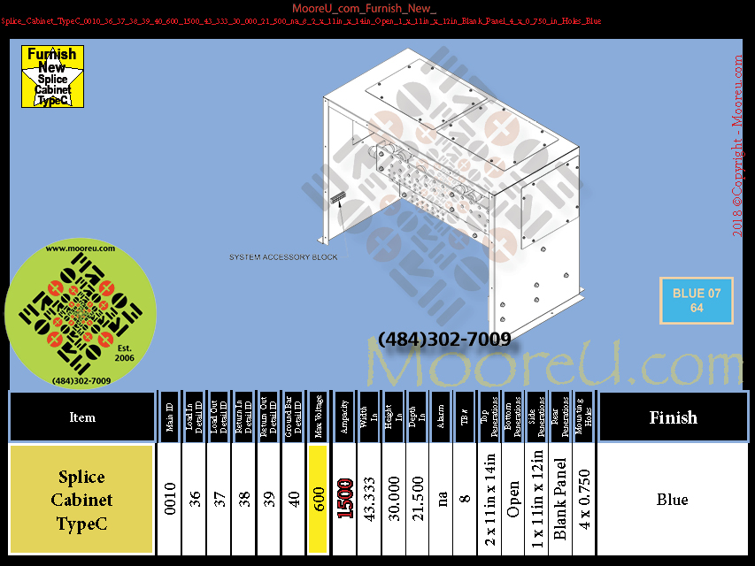 Product image for Furnish New Splice Cabinet TypeC 0010 36 37 38 39 40 600 1500 43 333 30 000 21 500 na 8 2 x 11in x 14in Open 1 x 11in x 12in Blank Panel 4 x 0 750 in Holes Blue